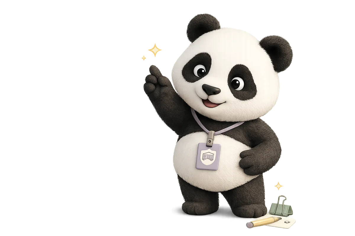 Academy panda wearing a lanyard.